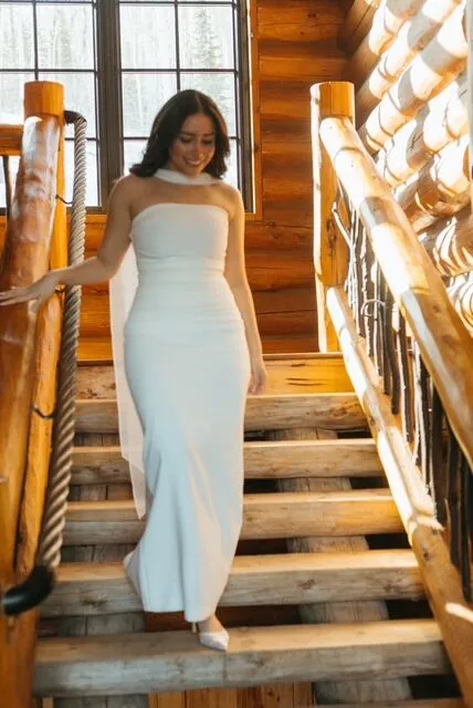 A wedding day on the lodge staircase